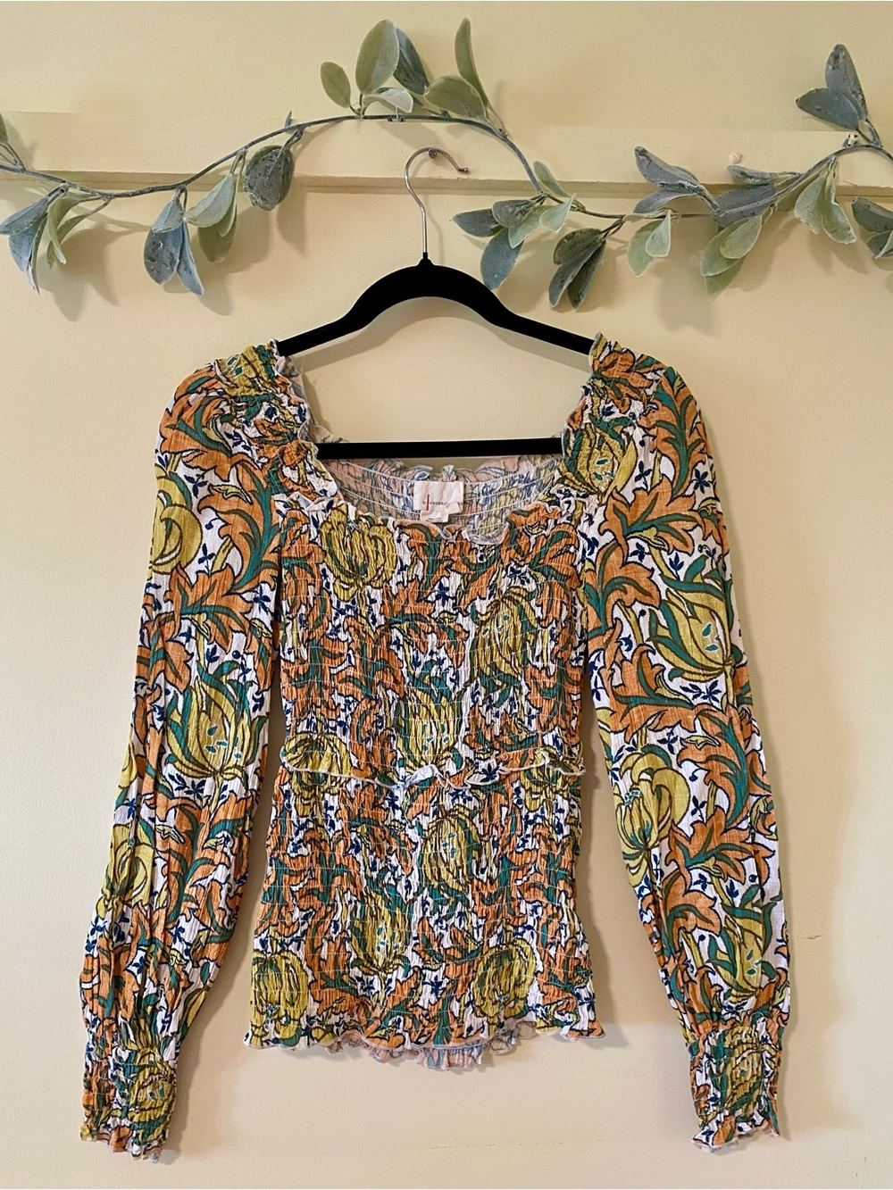 Anthropologie Smocked Abstract Blouse